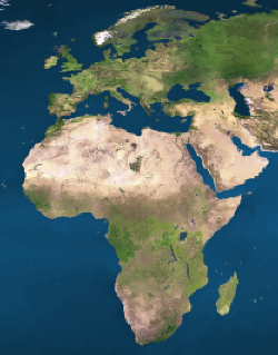 Satellitenbild: im Norden EUROPA  -  in der Mitte und im Sden AFRIKA mit NAMIBIA im Sdwesten